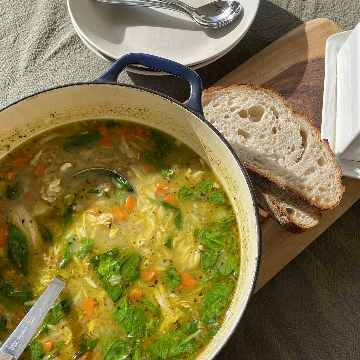 free range chicken and risoni soup with sourdough