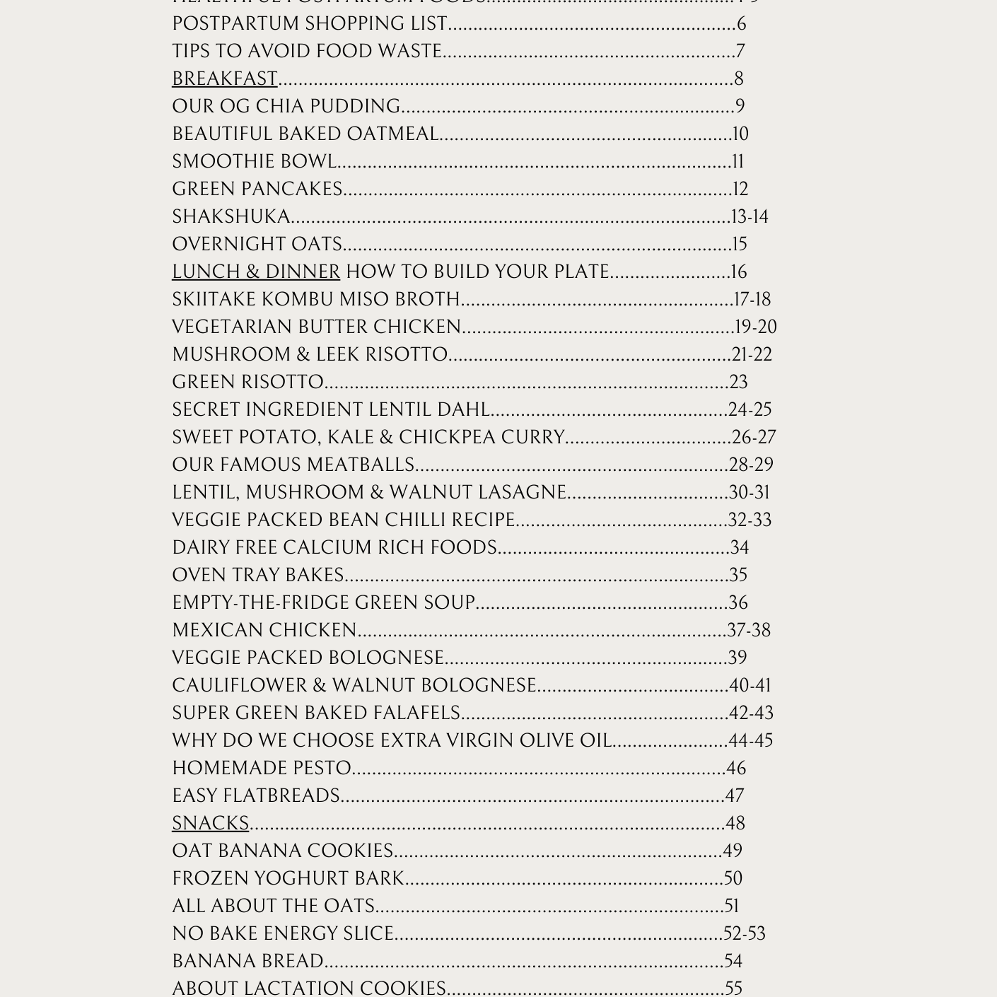 table of contents recipe book