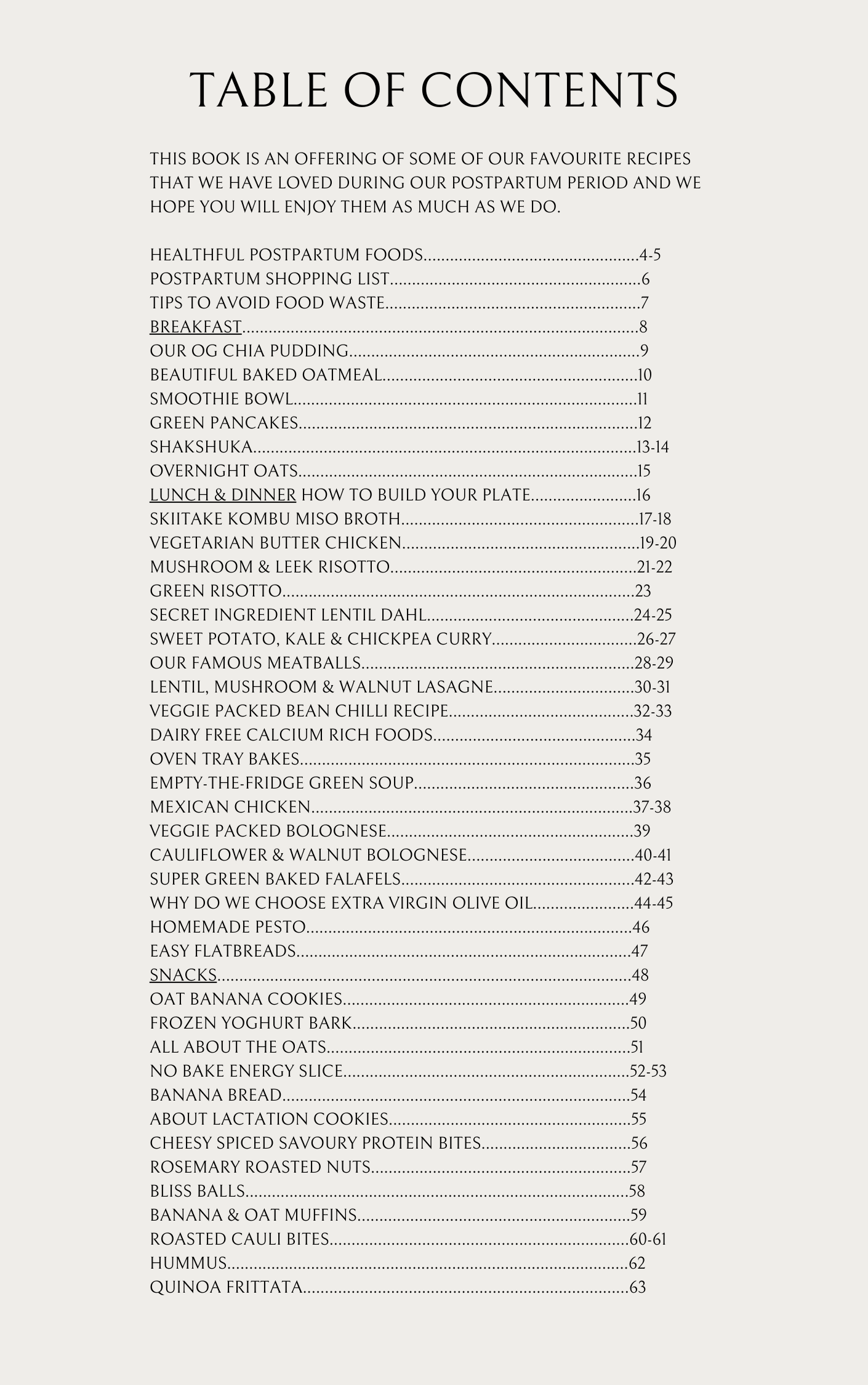 table of contents recipe book