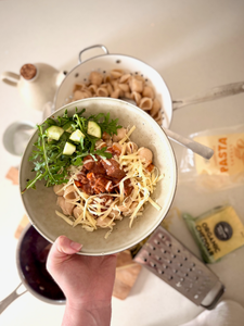 beef ragu pasta and salad