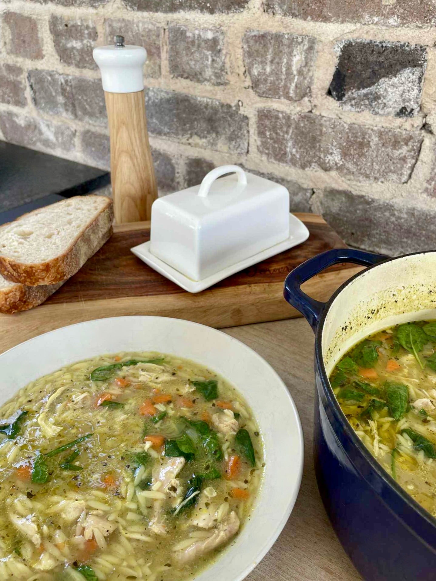 free range chicken and risoni soup bowl and pot